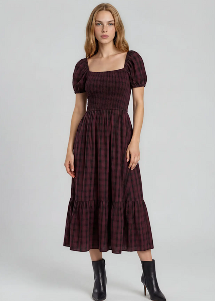 Gingham Smocked Tiered Dress in Burgundy