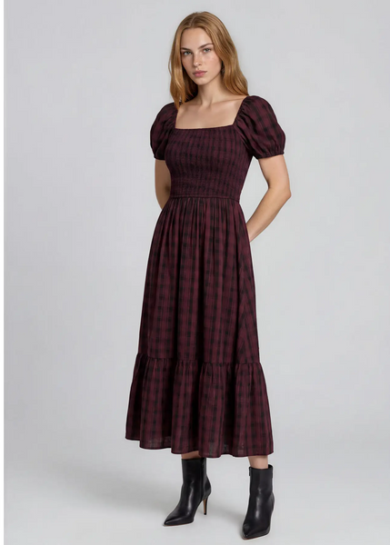 Gingham Smocked Tiered Dress in Burgundy