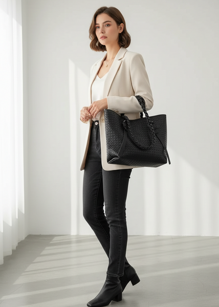 Black Faux Leather Woven Shoulder Bag