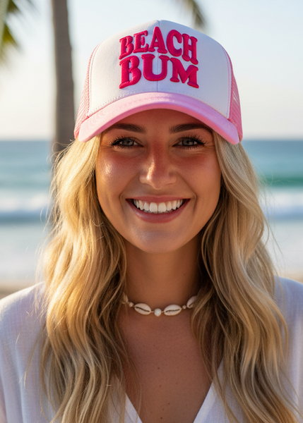 Embroidered Beach Bum Pink and White Trucker Hat