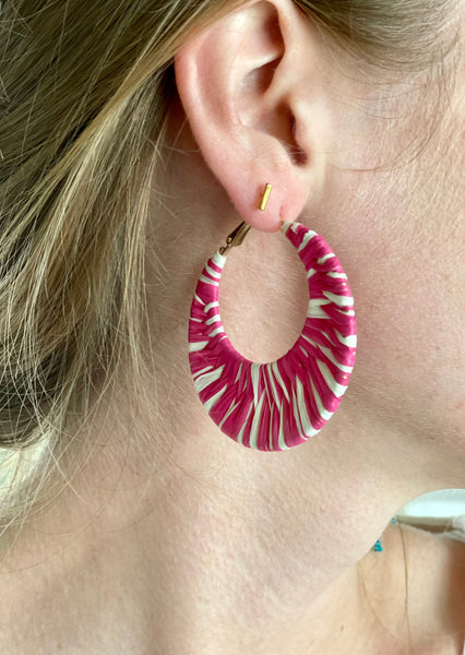 Hot Pink and White Raffia Hoop Earrings