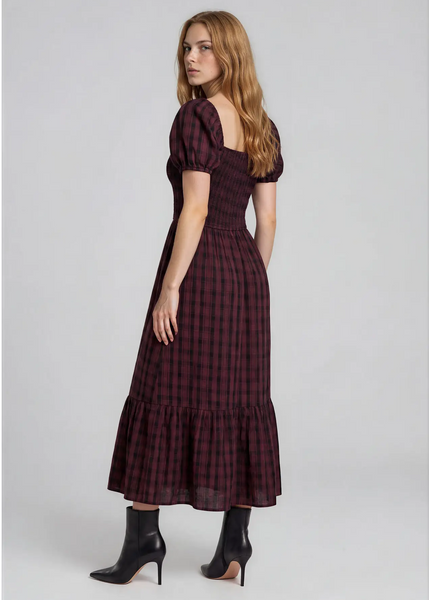 Gingham Smocked Tiered Dress in Burgundy