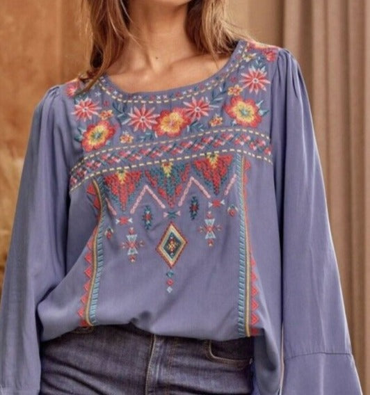 Periwinkle Aztec Embroidered Top ~ FINAL SALE