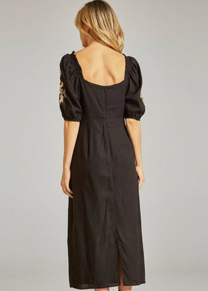 Embroidered Puff Sleeve Western Midi Dress in Black