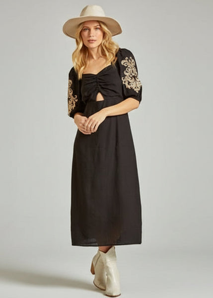 Embroidered Puff Sleeve Western Midi Dress in Black