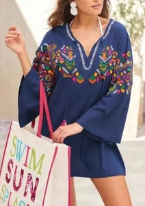 Navy Tillery Embroidered Mini Dress Swim Cover-Up~FINAL SALE