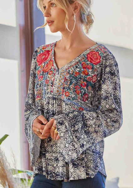 Floral Embroidered Blouse with Bell Sleeves