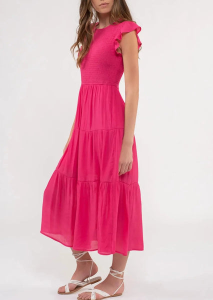Hot Pink Smocked Tiered Midi Dress