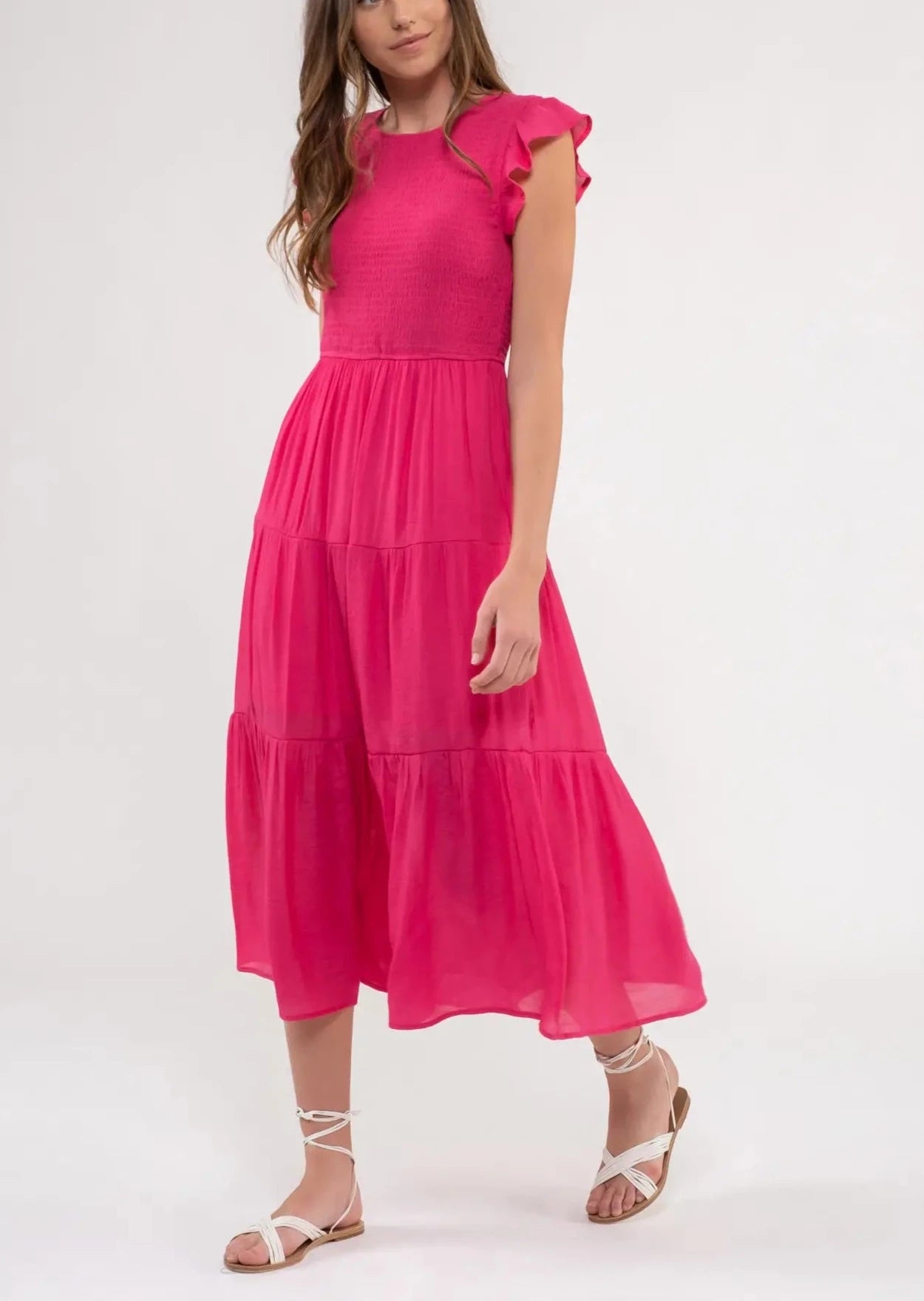 Hot Pink Smocked Tiered Midi Dress
