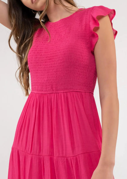 Hot Pink Smocked Tiered Midi Dress
