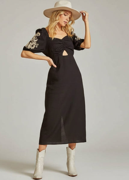 Embroidered Puff Sleeve Western Midi Dress in Black