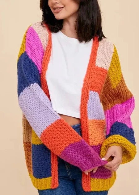 Hand Knit Color Block Patchwork Cardigan