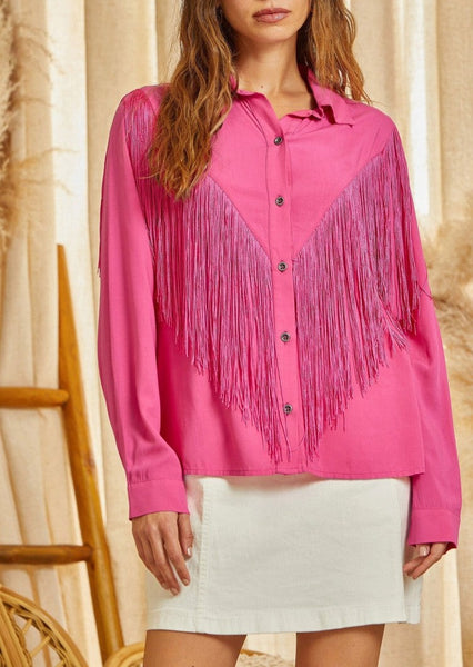 Let's Go Girls Hot Pink Fringe Button Down Top