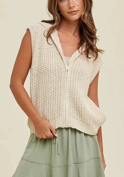 Knit Zip Closure Hooded Top in Natural