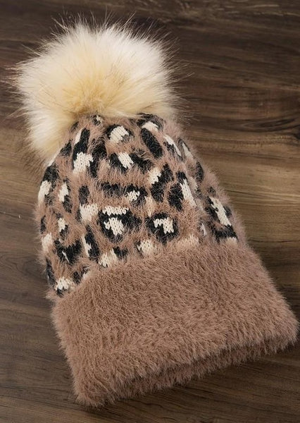 Leopard Print Faux Fur Pom Pom Beanie Hat~FINAL SALE