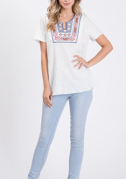 Crisp White Crinkled Cotton Gauze Top with Embroidered Detail ~ FINAL SALE