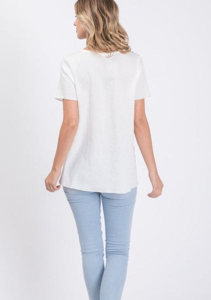Crisp White Crinkled Cotton Gauze Top with Embroidered Detail ~ FINAL SALE