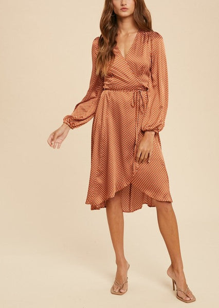 Rusty Dot Satin Wrap Dress