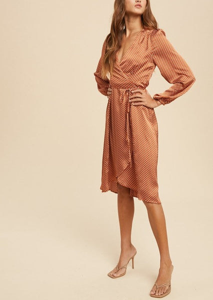 Rusty Dot Satin Wrap Dress