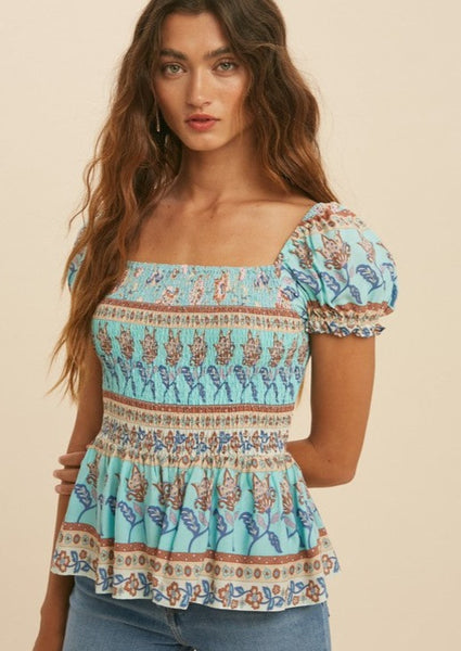 Delicately Smocked Floral Print Top