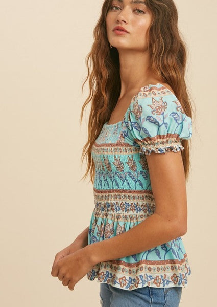 Delicately Smocked Floral Print Top