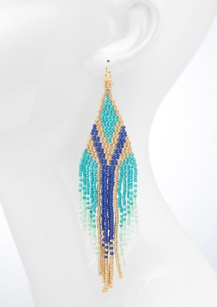 Boho Seed Beaded Fringe Earrings in Blue