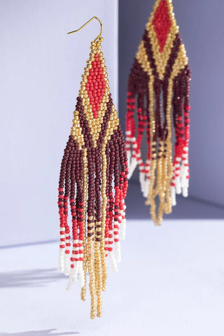 Boho Beaded Fringe Earrings in Scarlet