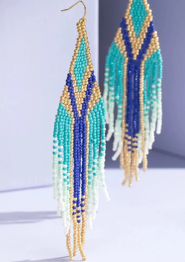 Boho Seed Beaded Fringe Earrings in Blue