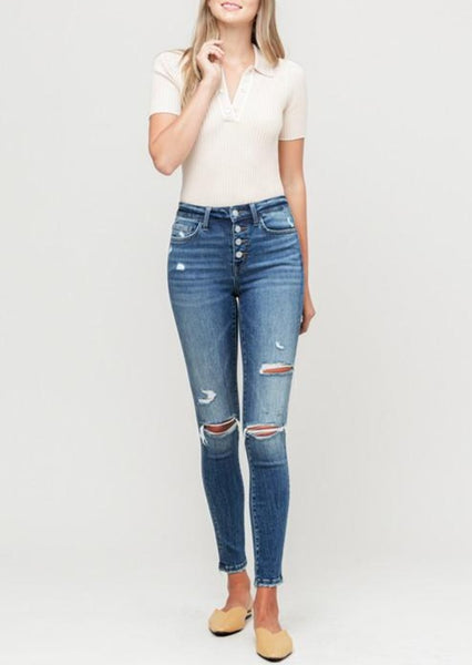 Wave Button Fly Distressed Skinny Jeans