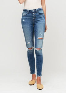 Wave Button Fly Distressed Skinny Jeans