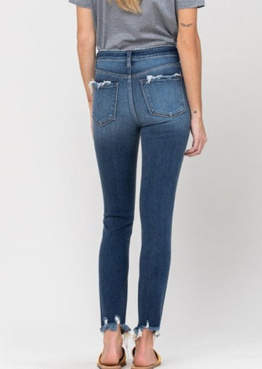 High Rise Distressed Fray Hem Ankle Skinny Jeans