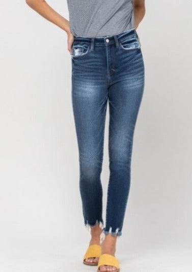 High Rise Distressed Fray Hem Ankle Skinny Jeans