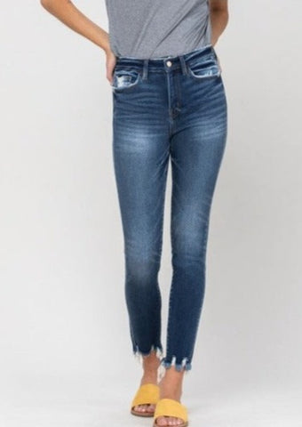 High Rise Distressed Fray Hem Ankle Skinny Jeans