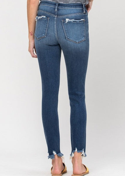 High Rise Distressed Fray Hem Ankle Skinny Jeans
