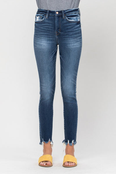 High Rise Distressed Fray Hem Ankle Skinny Jeans