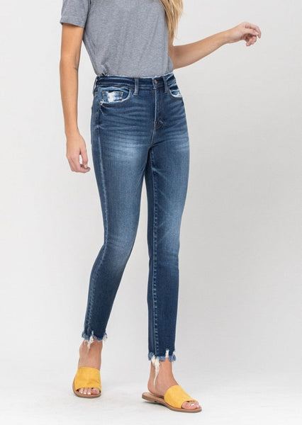 High Rise Distressed Fray Hem Ankle Skinny Jeans