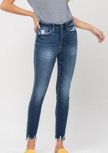 High Rise Distressed Fray Hem Ankle Skinny Jeans