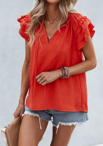 Ravishing Red Ruffle Sleeve V-neck Top