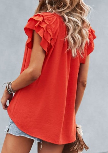 Ravishing Red Ruffle Sleeve V-neck Top