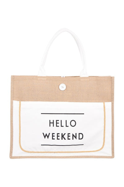 Hello Weekend Burlap Tote Bag