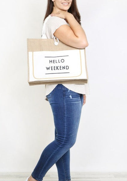 Hello Weekend Burlap Tote Bag