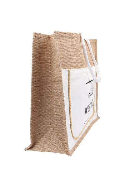 Hello Weekend Burlap Tote Bag