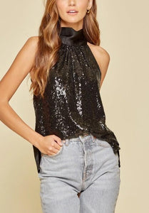 Sparkling Night Black Sequin Halter Top