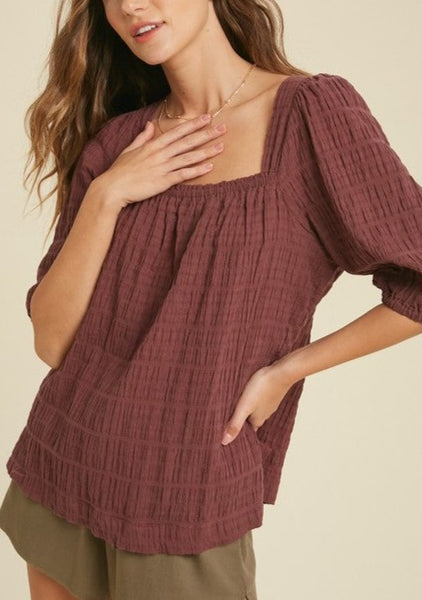Textured Cotton Gauze Balloon Sleeve Top