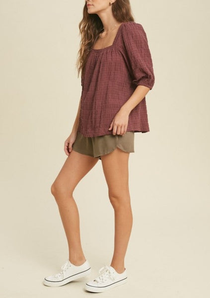 Textured Cotton Gauze Balloon Sleeve Top