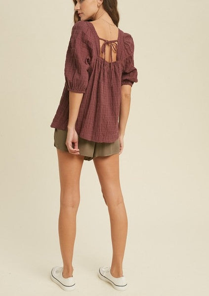 Textured Cotton Gauze Balloon Sleeve Top