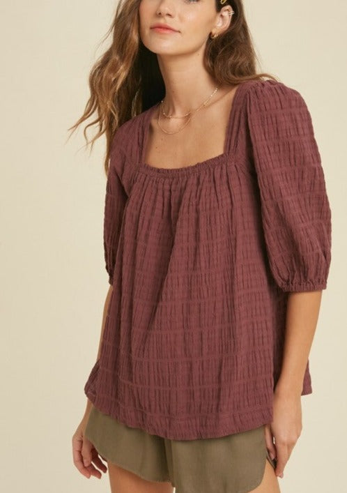 Textured Cotton Gauze Balloon Sleeve Top