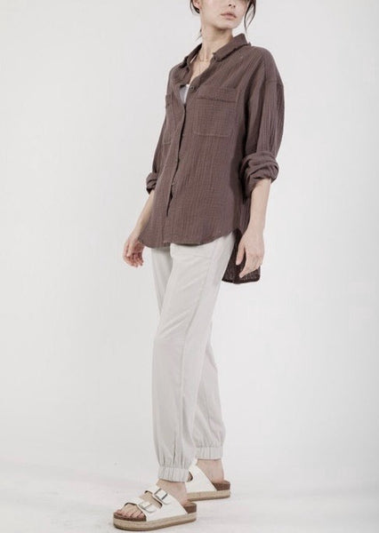 Mocha Cotton Textured Gauze Button-down Shirt ~FINAL SALE