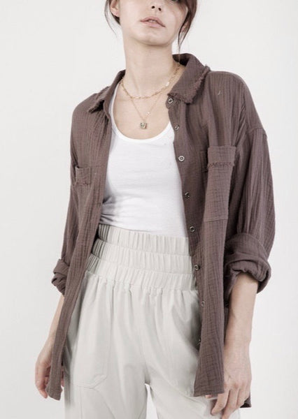 Mocha Cotton Textured Gauze Button-down Shirt ~FINAL SALE