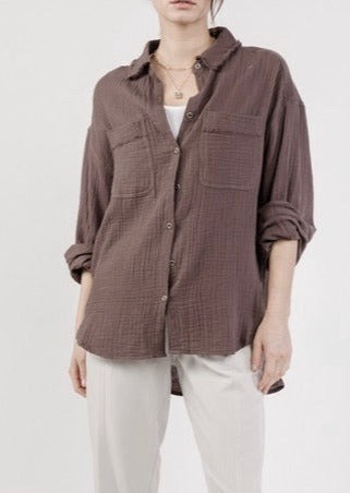 Mocha Cotton Textured Gauze Button-down Shirt ~FINAL SALE